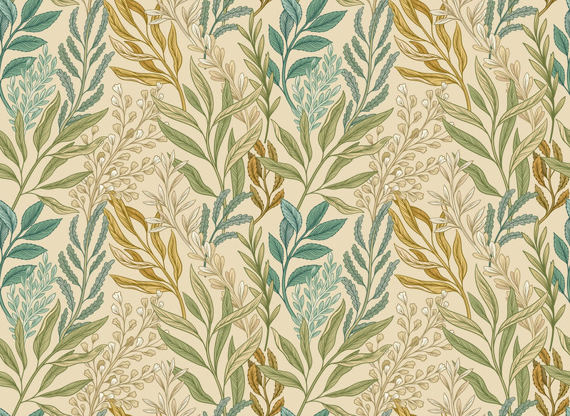HWA1390W Verdant Leaves Vintage Ochre Wallpaper by Hoopla Walls