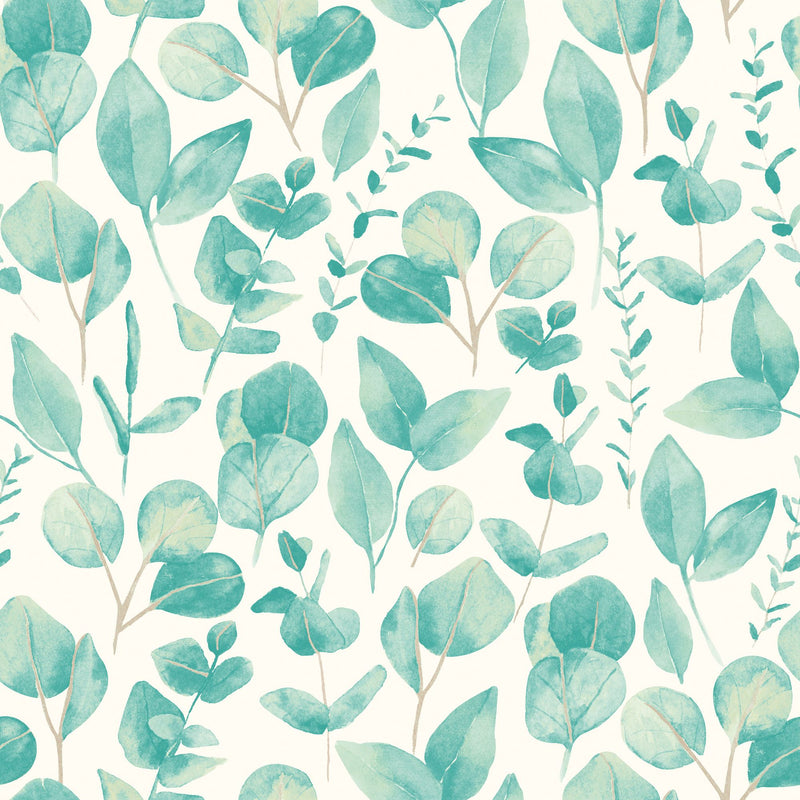 HWA1411W Watercolour Leaves Aqua & Chalk Wallpaper by Hoopla Walls