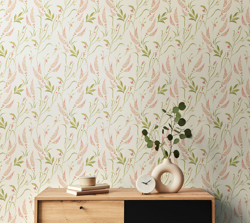 HWA1414W Springtime Meadow Coral Blossom Wallpaper by Hoopla Walls