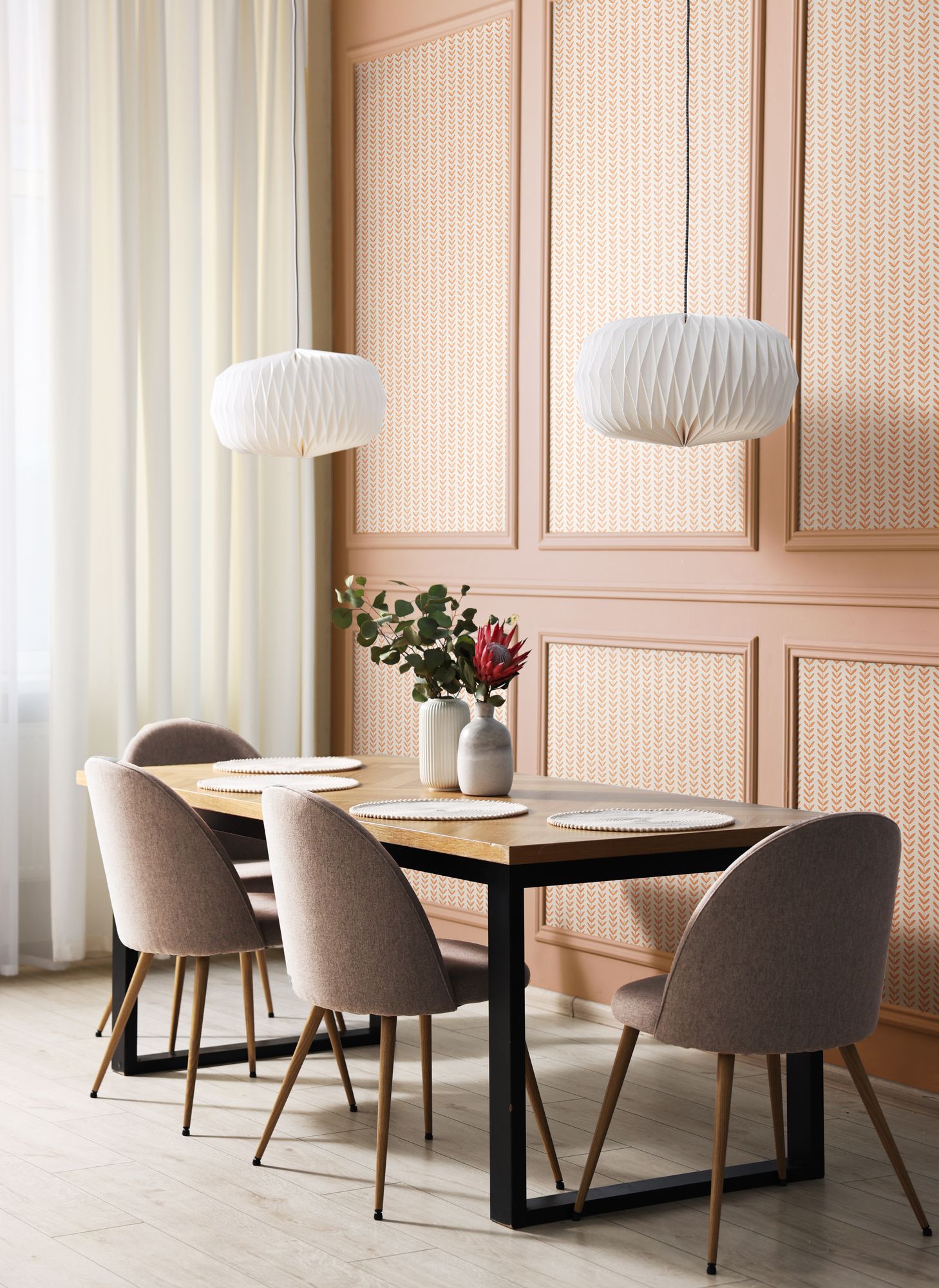 HWA1228W Ditsy Leaf Stripe Apricot Wallpaper by Hoopla Walls