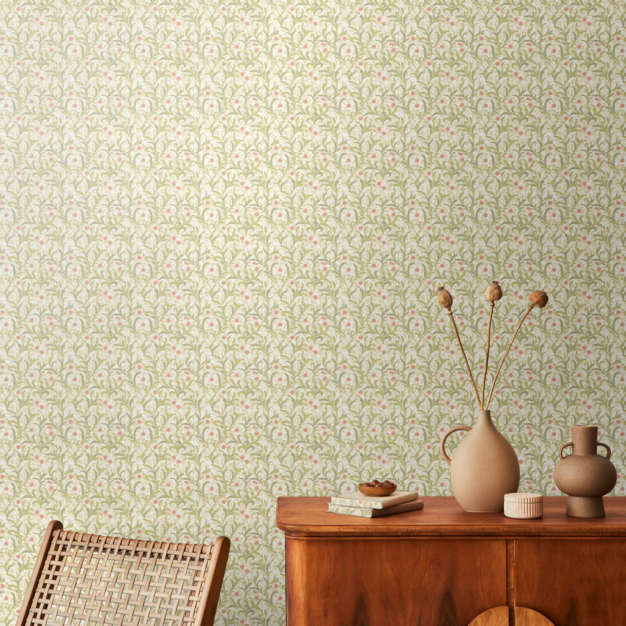 HWA1264W Floral Trail Sage & Coral Wallpaper by Hoopla Walls