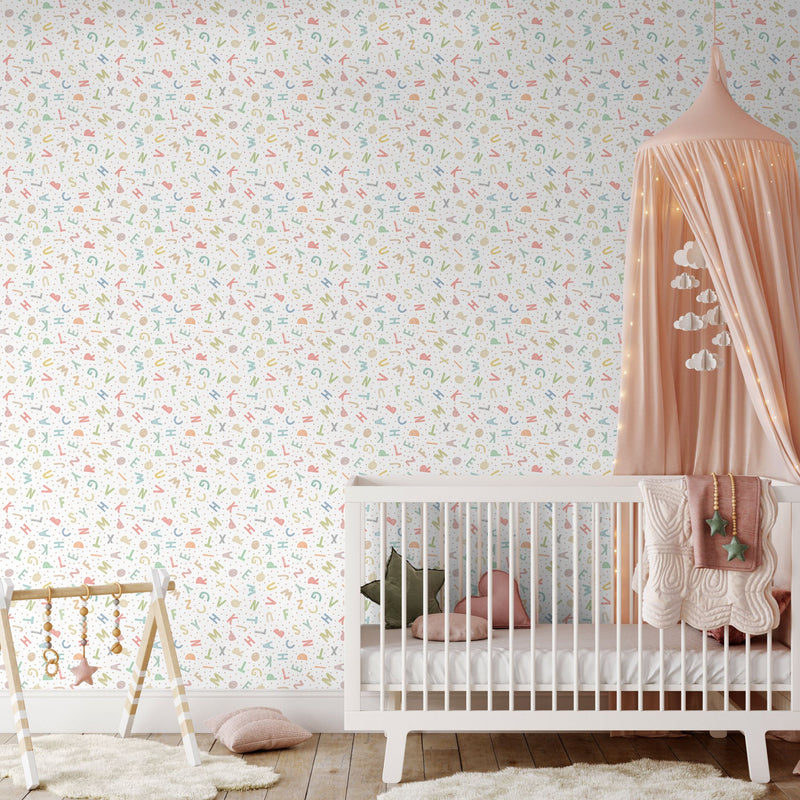 HWA1278W Alphabet Jumble Soft Sorbet Wallpaper by Hoopla Walls