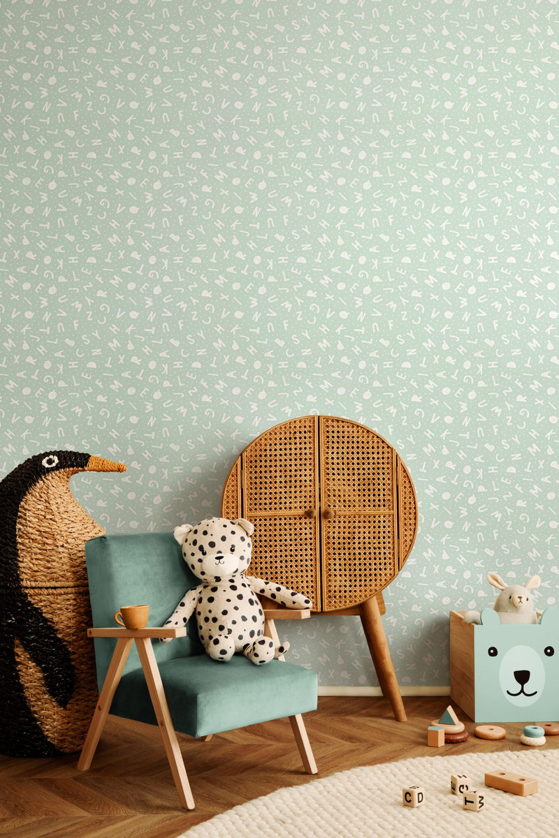 HWA1280W Alphabet Jumble Seafoam Wallpaper by Hoopla Walls