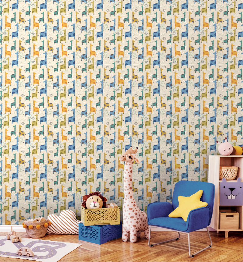 HWA1298W Giraffe Friends Denim Mix Wallpaper by Hoopla Walls