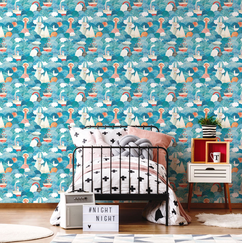 HWA1304W Ships Ahoy! Aqua & Coral Wallpaper by Hoopla Walls