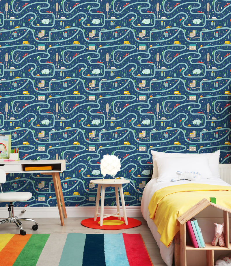 HWA1308W Road Trip Indigo Riot Wallpaper by Hoopla Walls