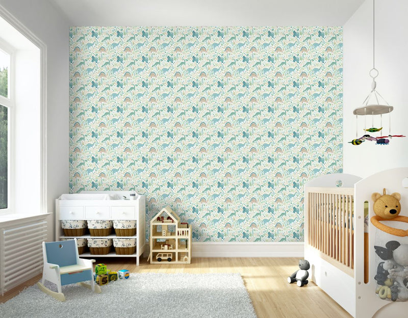 HWA1311W Jurassic Party Denim Mix Wallpaper by Hoopla Walls