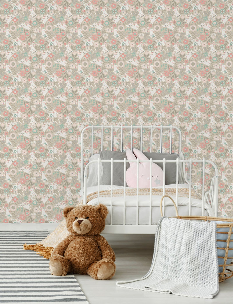 HWA1315W Bouncing Bunnies Coconut Mix Wallpaper by Hoopla Walls