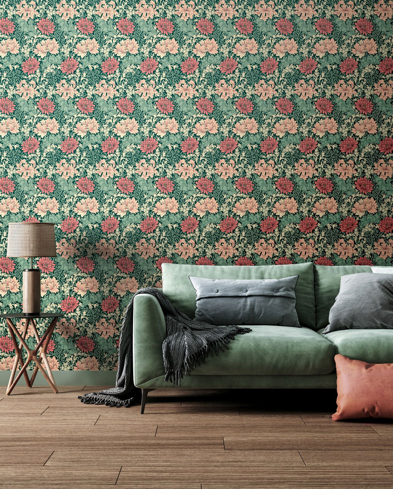 HWA1123W Chrysanthemum Green & Pink Wallpaper by Hoopla Walls