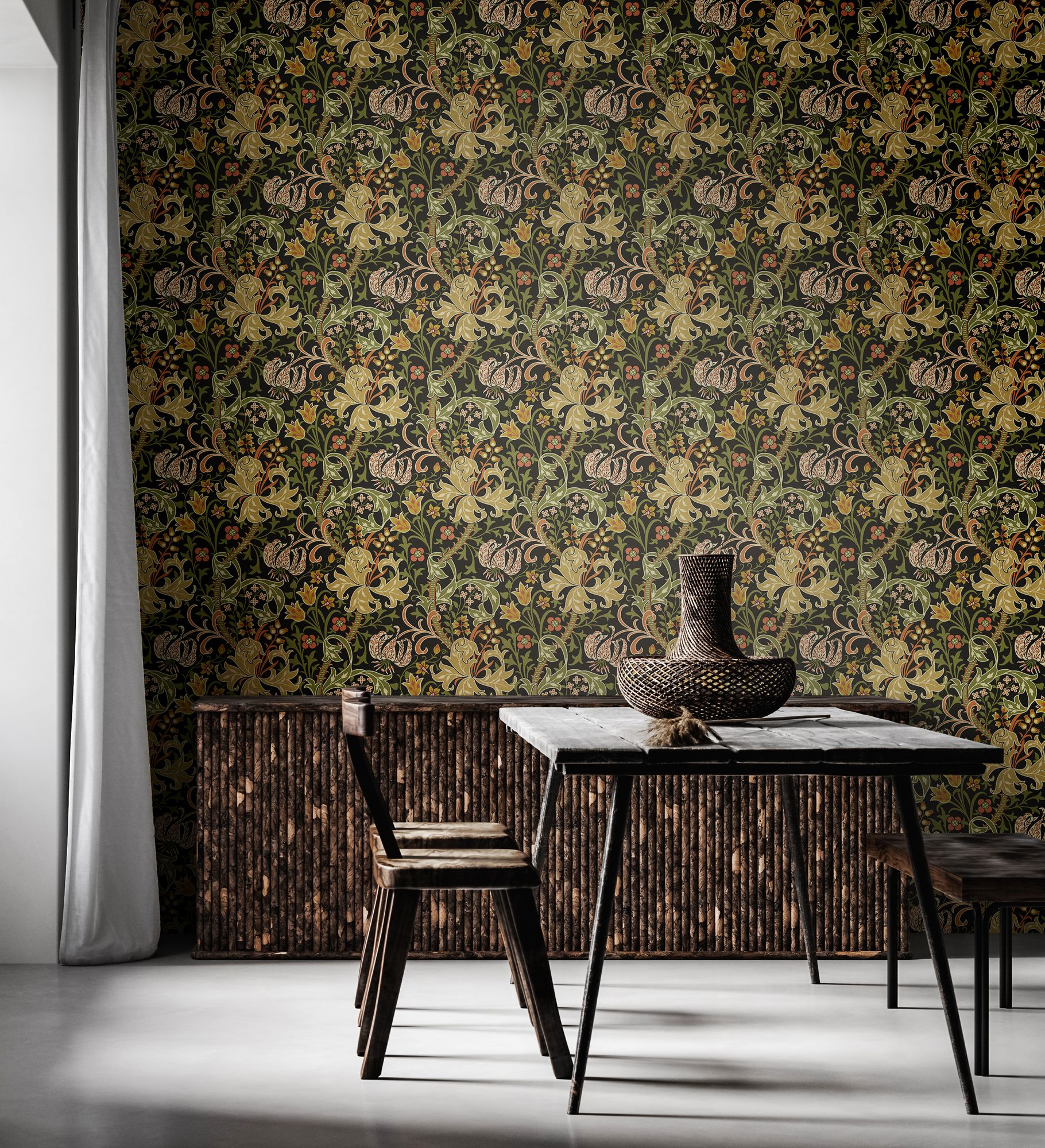 HWA1131W Lily Ogee Black Wallpaper by Hoopla Walls