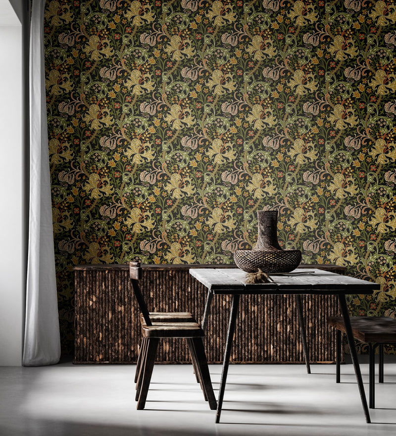 HWA1131W Lily Ogee Black Wallpaper by Hoopla Walls