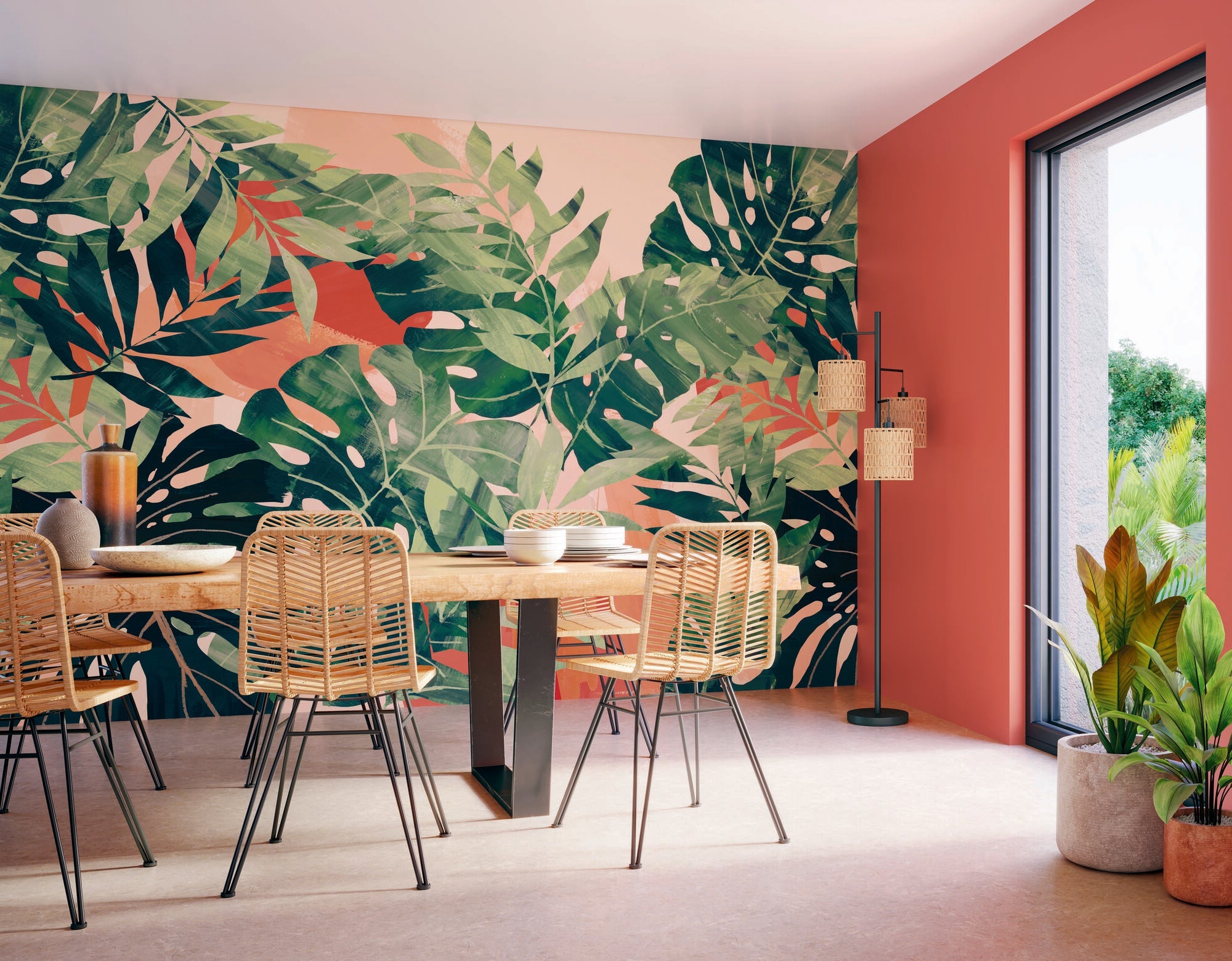ICN50119M Textured Palm Olive & Rust Mural by Ohpopsi