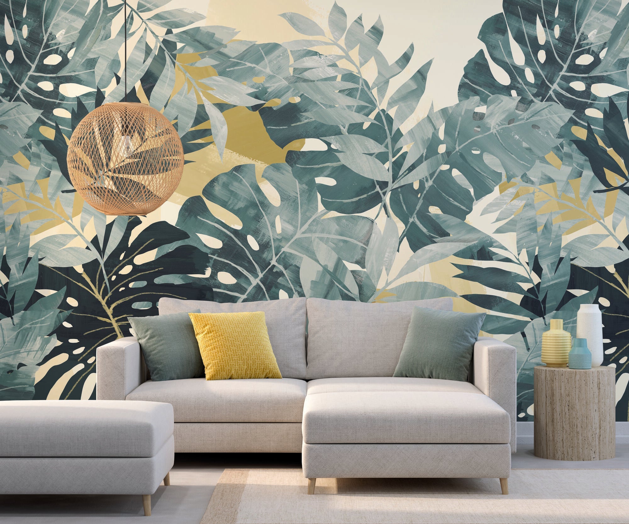 ICN50121M Textured Palm Petrol & Straw Mural by Ohpopsi