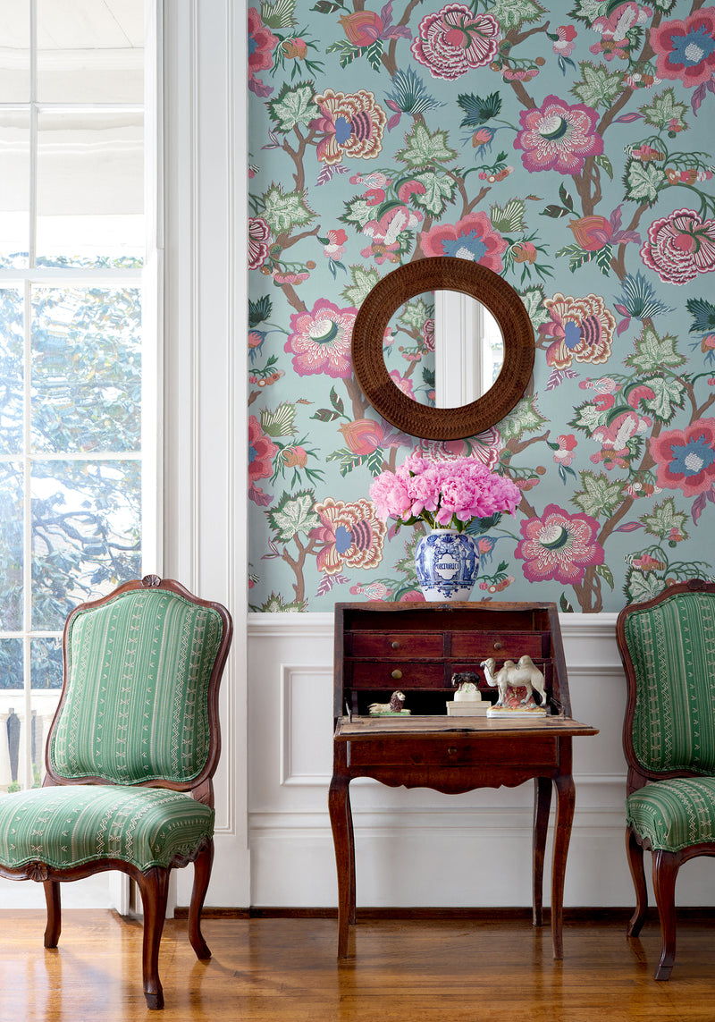 Indienne Jacobean Indienne Seaglass and Gold Wallpaper by Thibaut | T36417