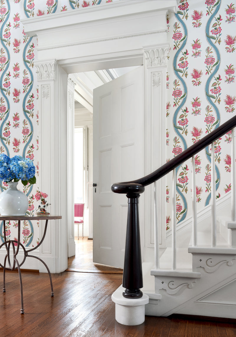 Ribbon Floral Indienne Blue and White Wallpaper by Thibaut | T36423