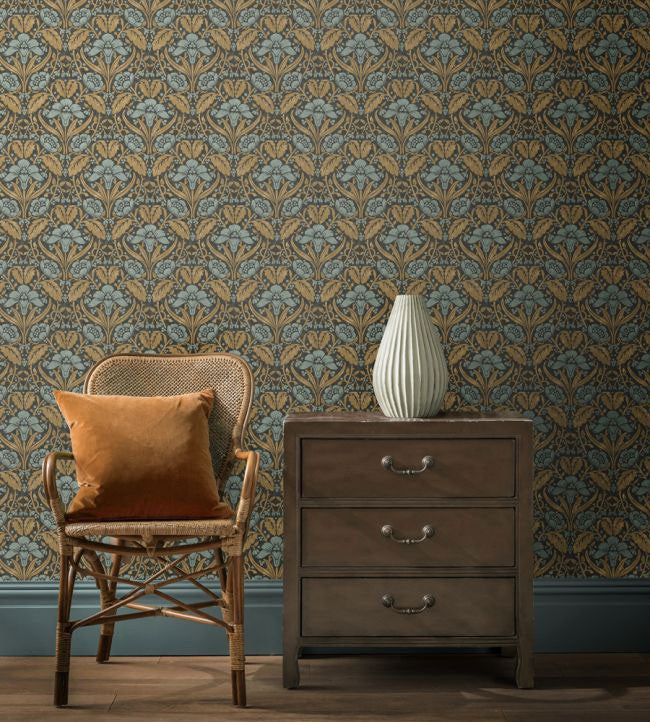 Iris Meadow Original Brantwood Aqua and Ochre Wallpaper By GP & J Baker