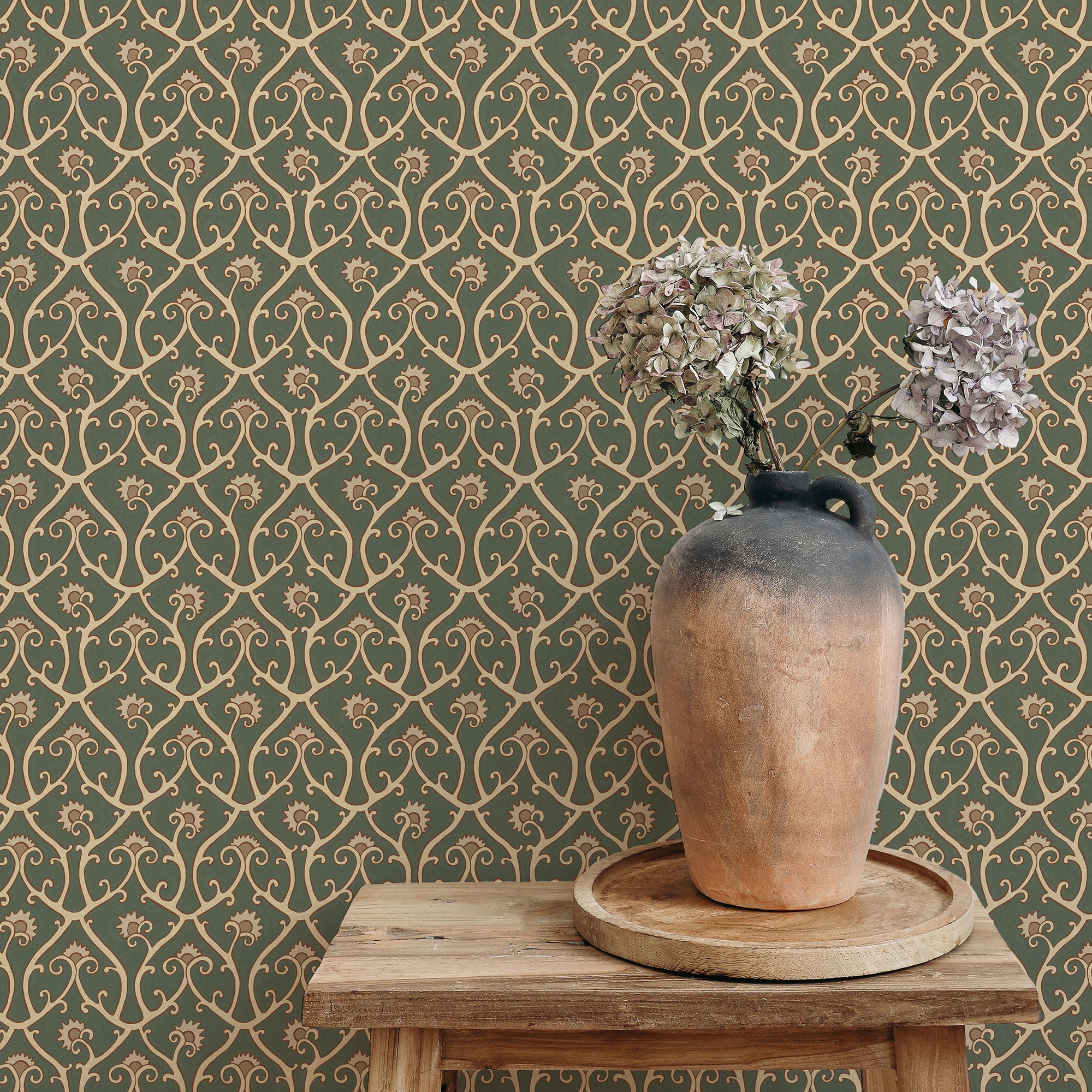 JMW-105901 Mallow Trellis Dark Green Wallpaper by Josephine Munsey
