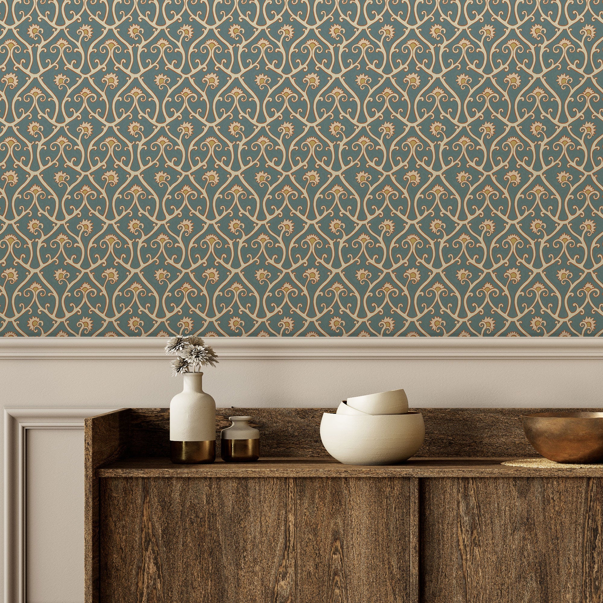 JMW-105921 Mallow Trellis Petrol Wallpaper by Josephine Munsey