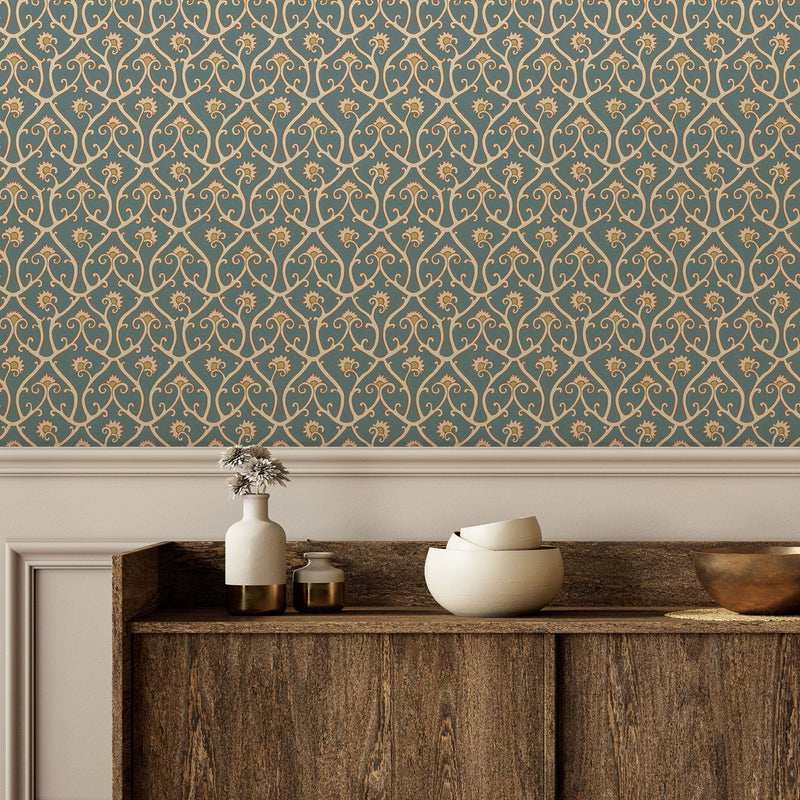 JMW-105921 Mallow Trellis Petrol Wallpaper by Josephine Munsey