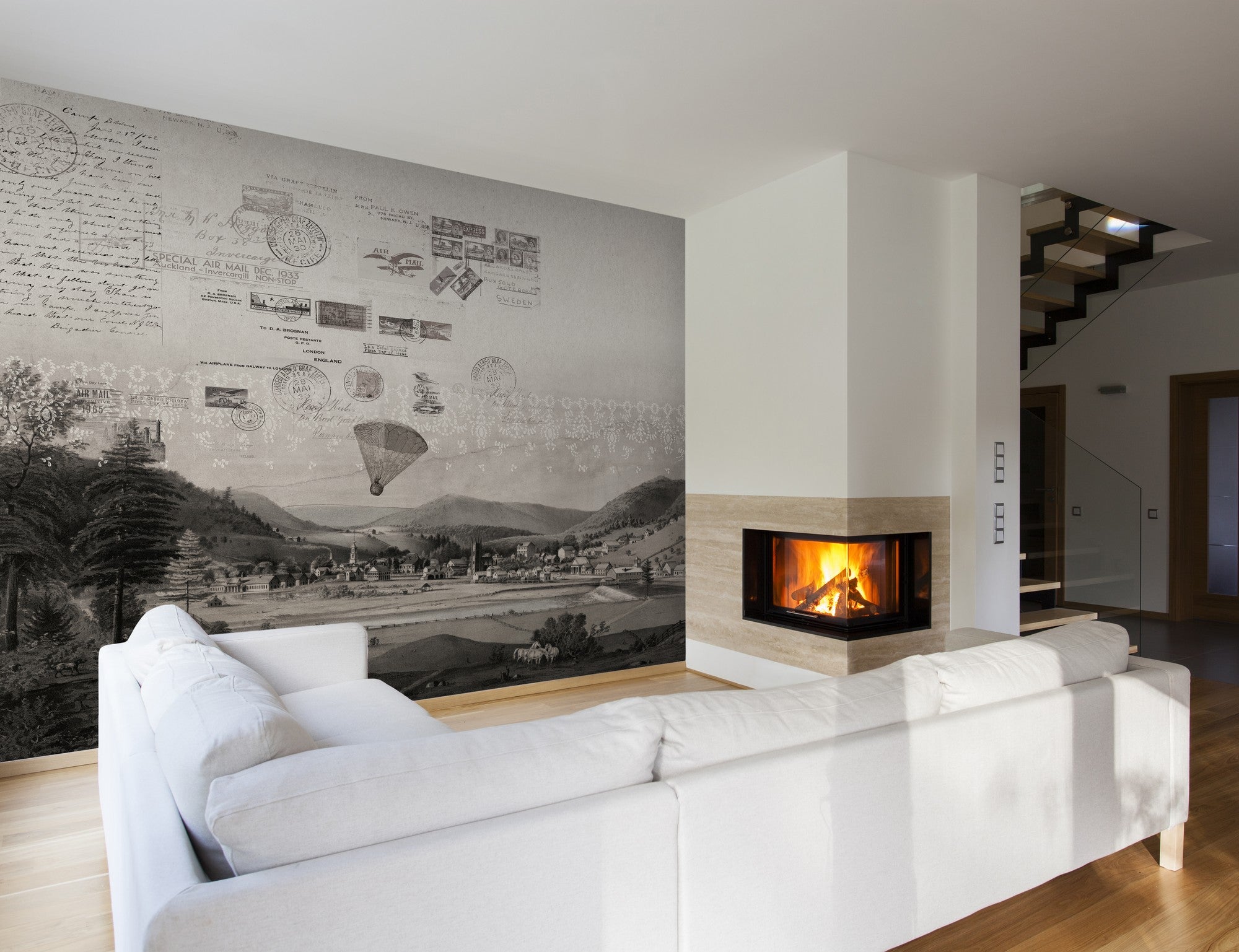 JO1002-3 Stamps B&w Journeys I Mural by Tres Tintas