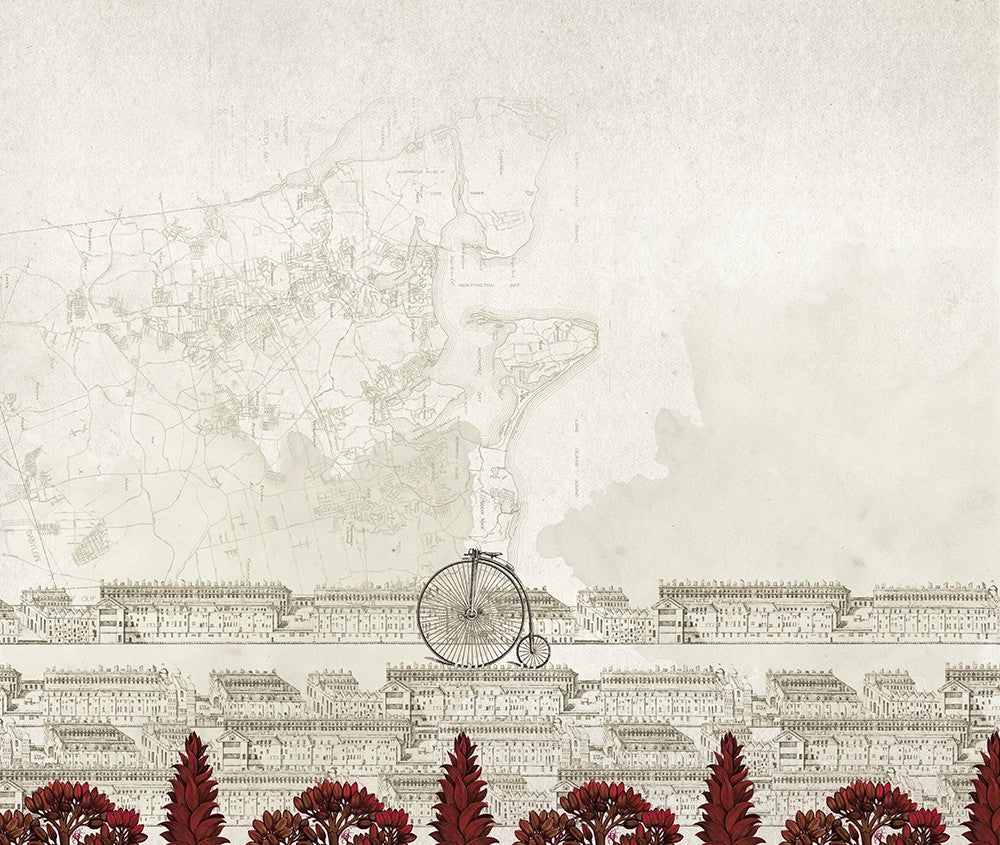 JO1028-1 Bicycle Rojo Journeys I Mural by Tres Tintas