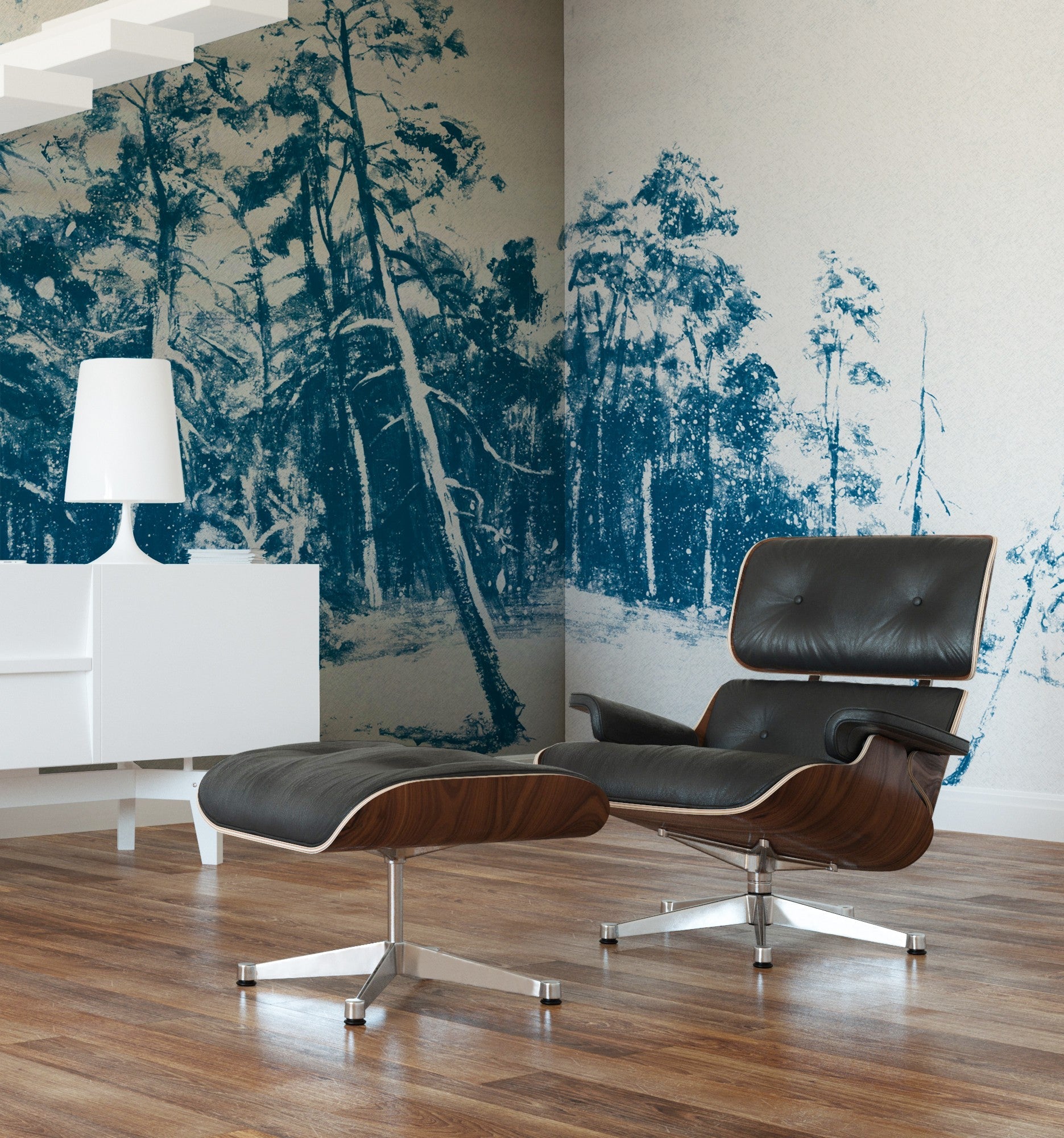 JO1042-3 Ink Woods Blanc/azul Journeys I Mural by Tres Tintas