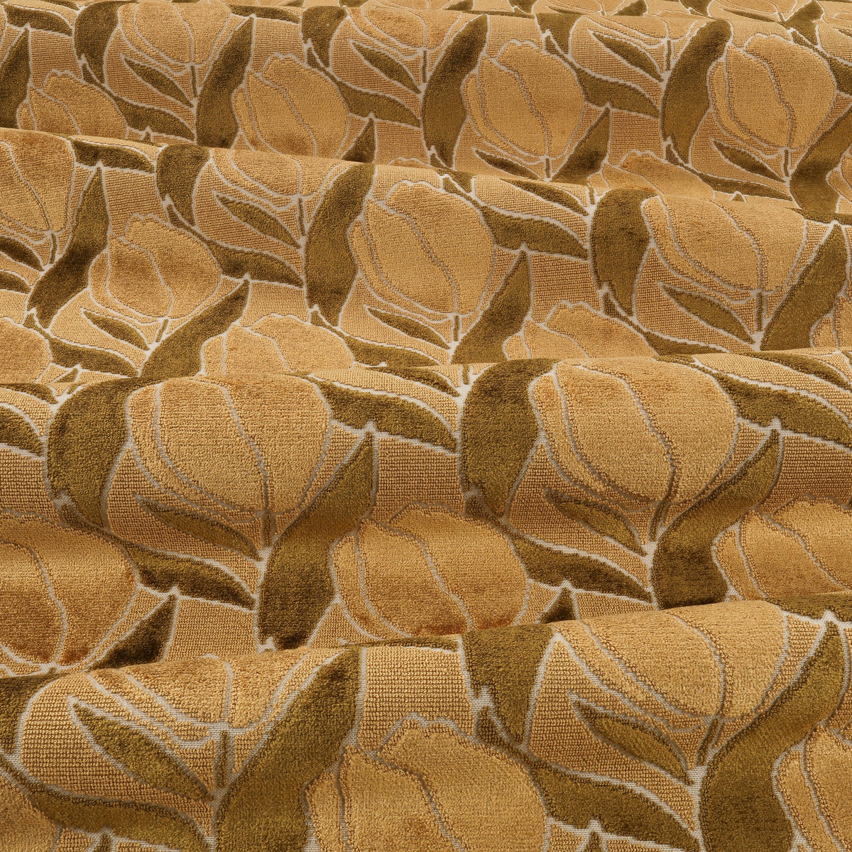 Arabesque FR Crib 5 Harvest Gold Ornate Fabric by Kirkby Design — draped