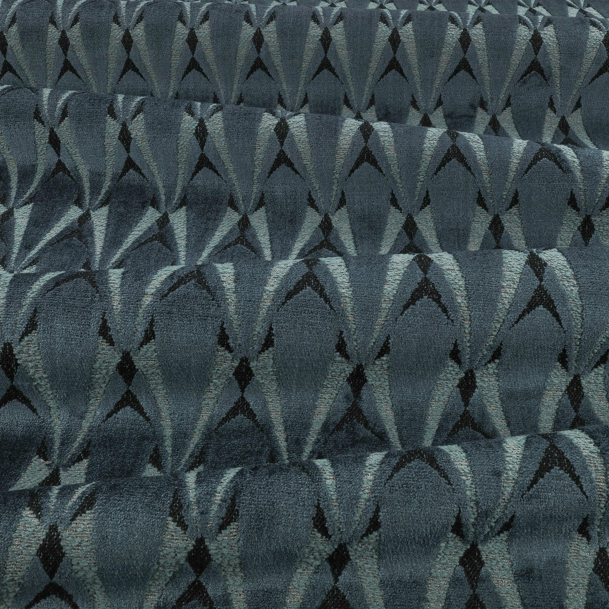 Eventail FR Crib 5 Petrol Ornate Fabric by Kirkby Design — draped