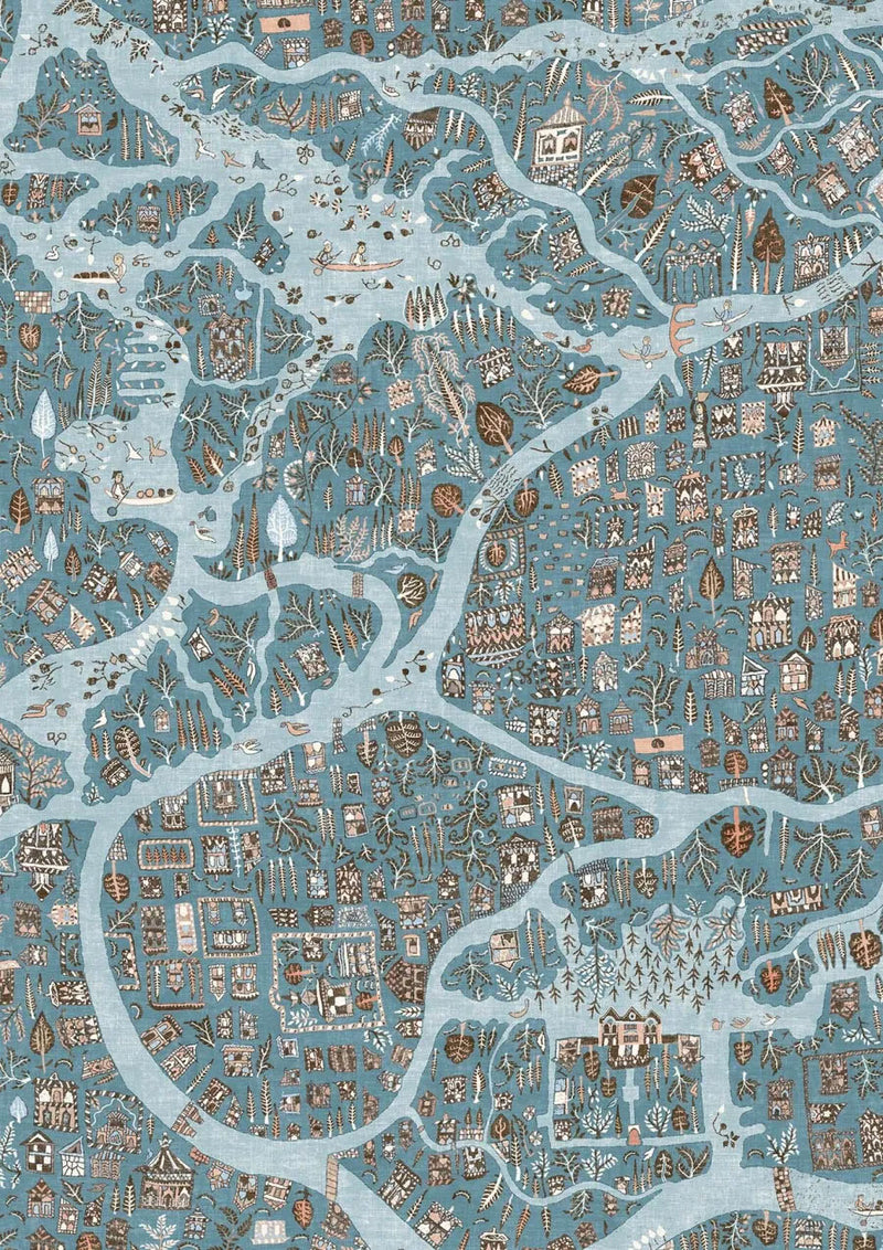 Utopia Blue Almond The Srinagar Map Fabric by Lewis & Wood
