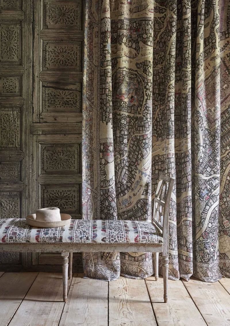 Ravi Ribbon Peat Pomegranate The Srinagar Map Fabric by Lewis & Wood