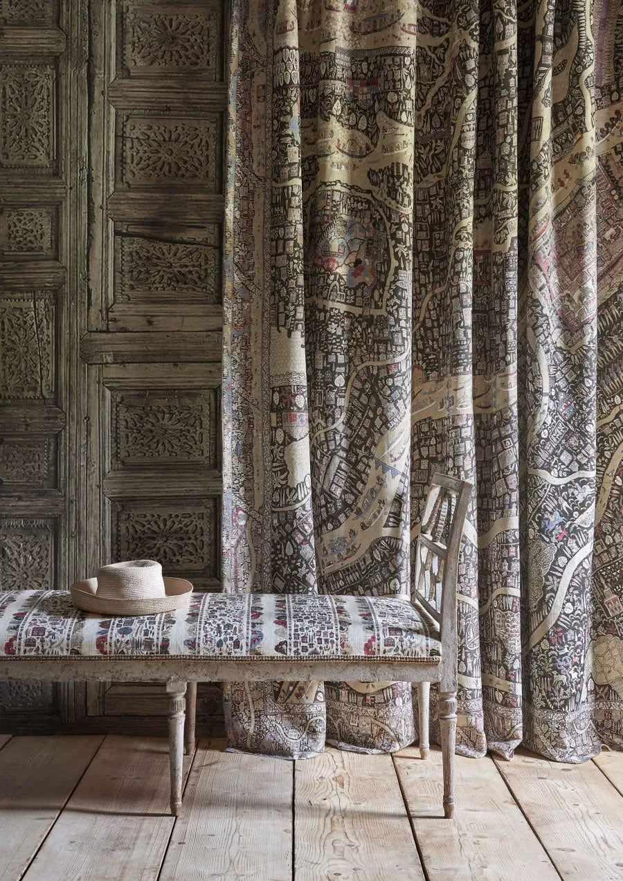 Ravi Ribbon Peat Pomegranate The Srinagar Map Fabric by Lewis & Wood