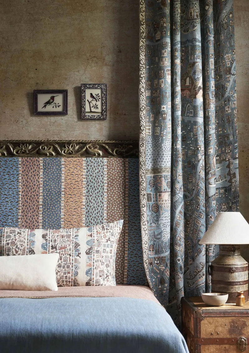 Asha Stripe Blue Almond The Srinagar Map Fabric by Lewis & Wood