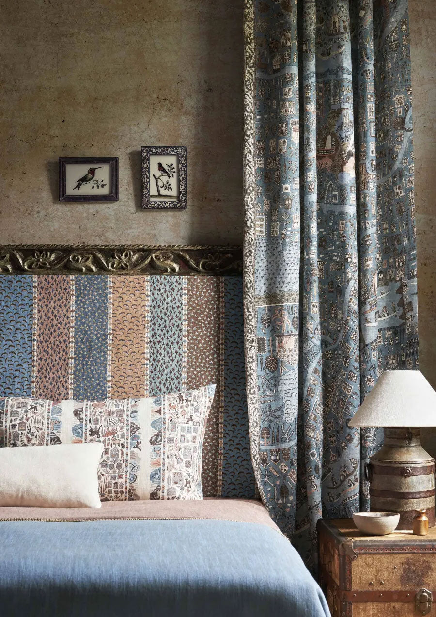 Asha Stripe Blue Almond The Srinagar Map Fabric by Lewis & Wood