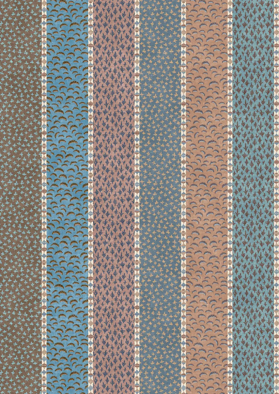 Asha Stripe Blue Almond The Srinagar Map Fabric by Lewis & Wood