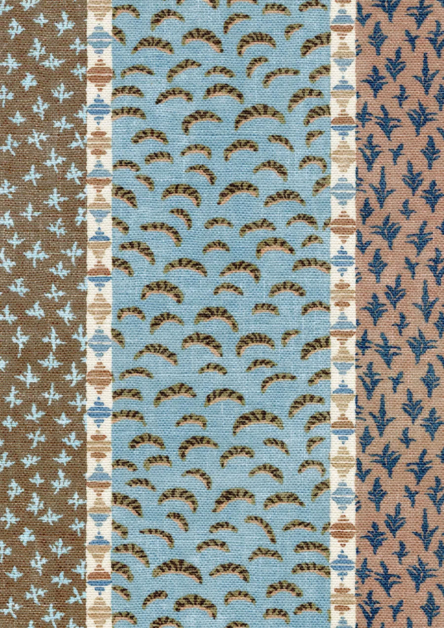 Asha Stripe Blue Almond The Srinagar Map Fabric by Lewis & Wood