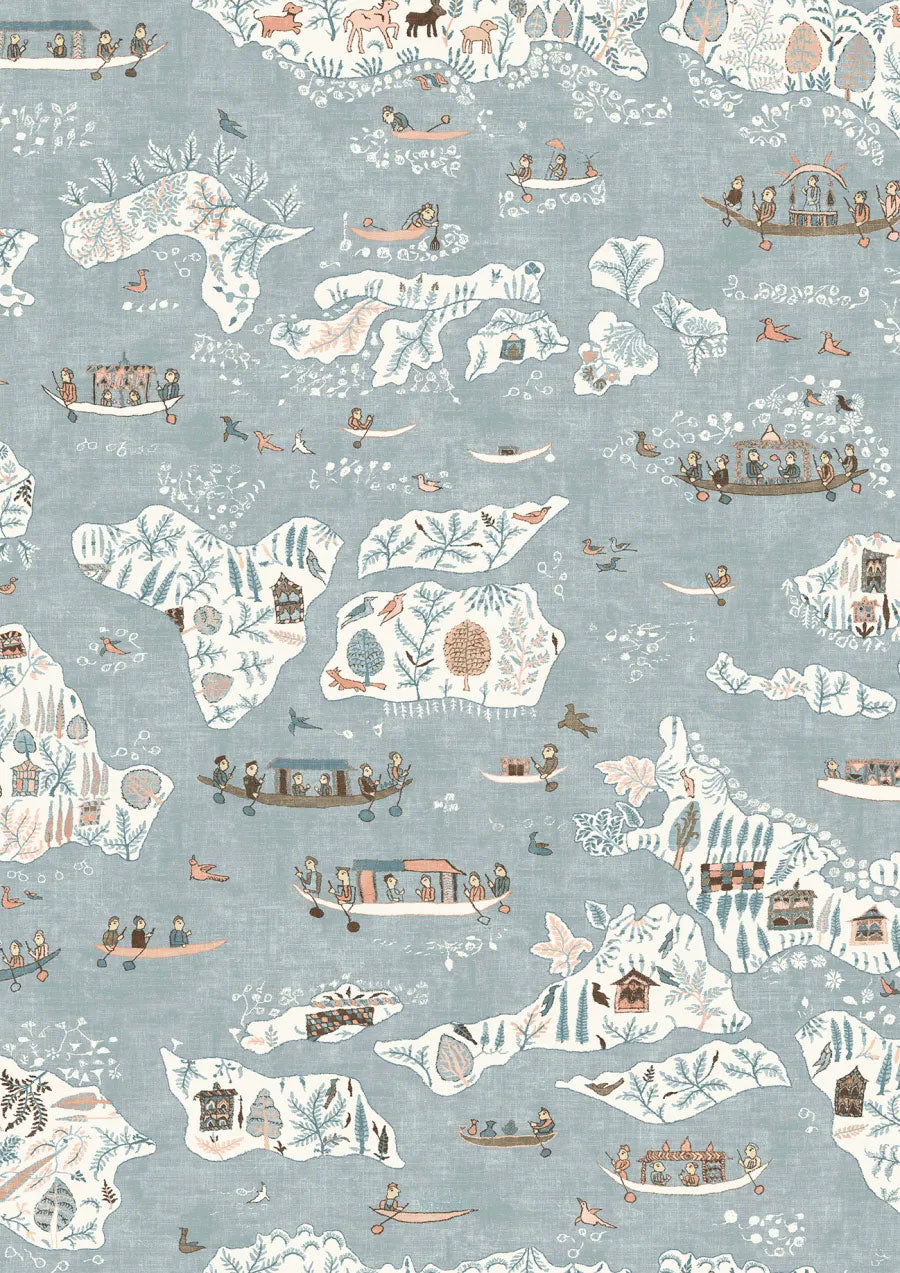 Regatta Blue Almond The Srinagar Map Fabric by Lewis & Wood