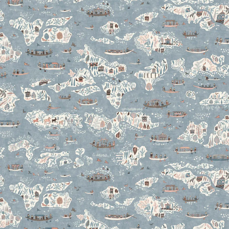 Regatta Blue Almond The Srinagar Map Fabric by Lewis & Wood