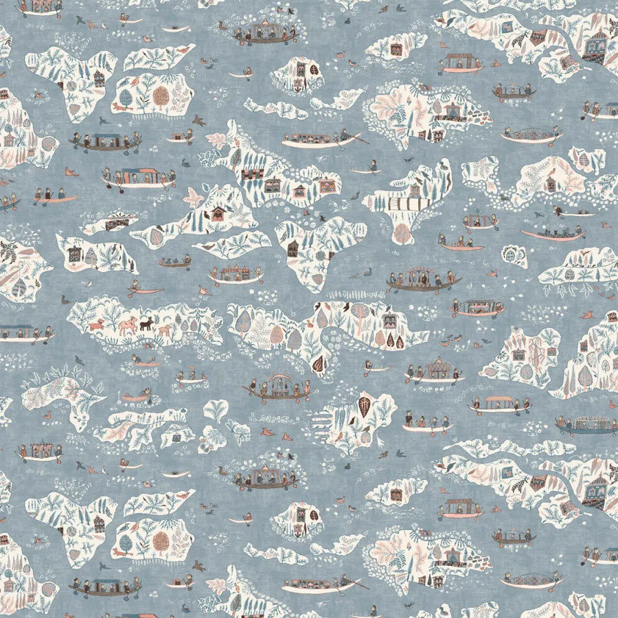 Regatta Blue Almond The Srinagar Map Fabric by Lewis & Wood