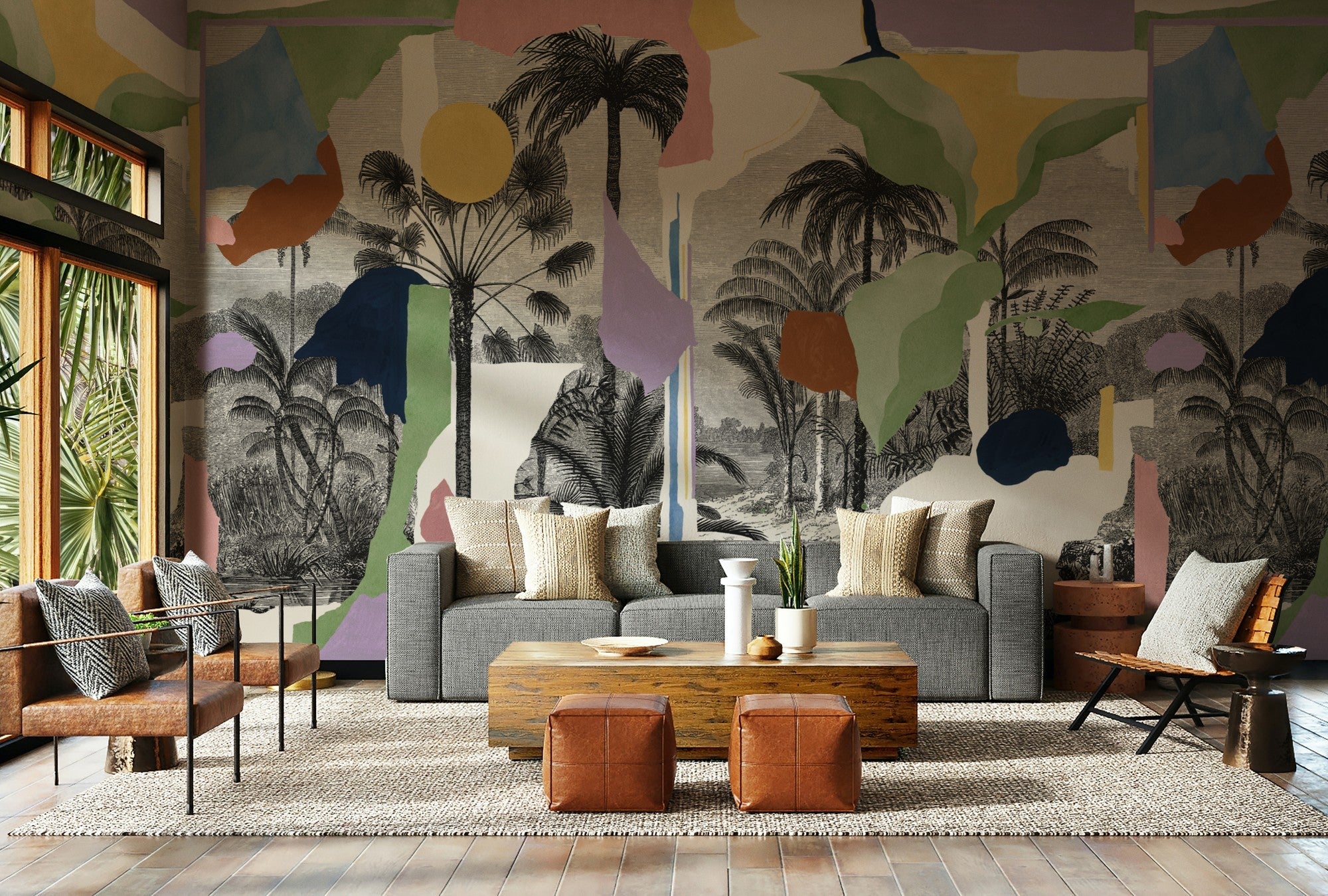 M5001-3 Colonial Abstraction White Playful Layers Mural by Tres Tintas