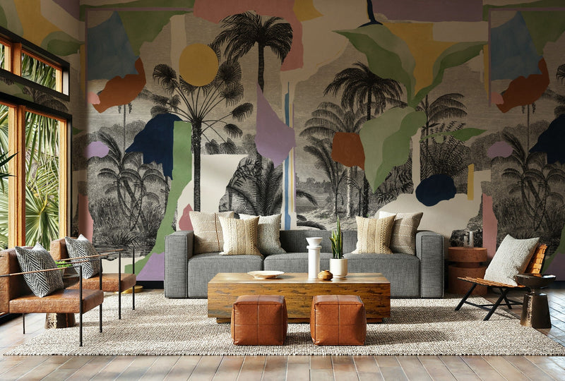 M5001-3 Colonial Abstraction White Playful Layers Mural by Tres Tintas