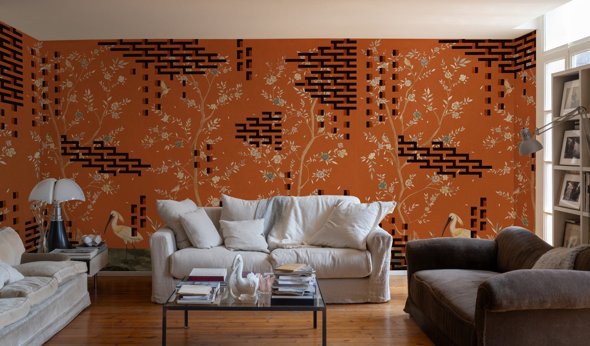 M5004-1 Tetris Chinoiseries Orange Playful Layers Mural by Tres Tintas