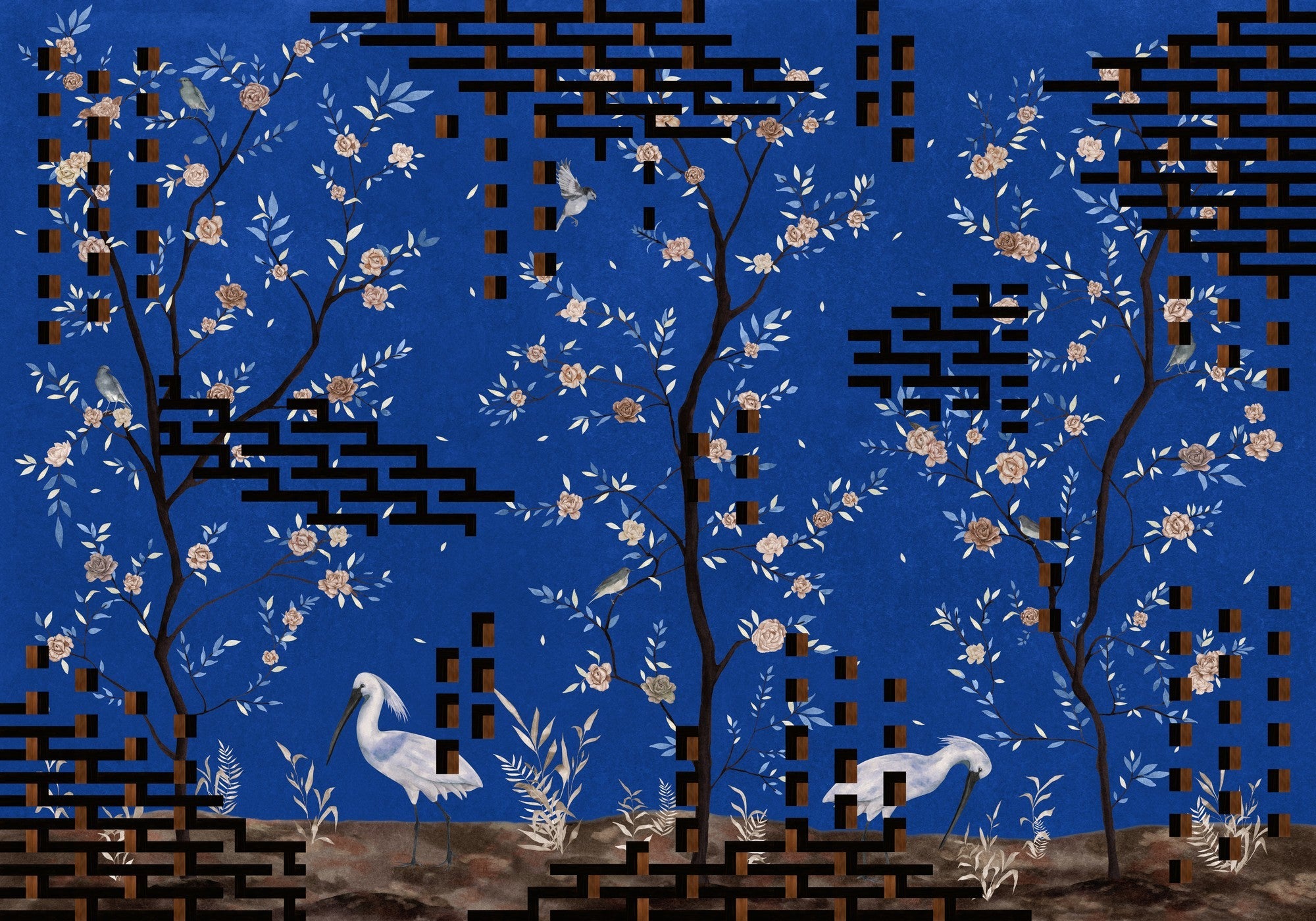 M5004-2 Tetris Chinoiseries Blue Playful Layers Mural by Tres Tintas