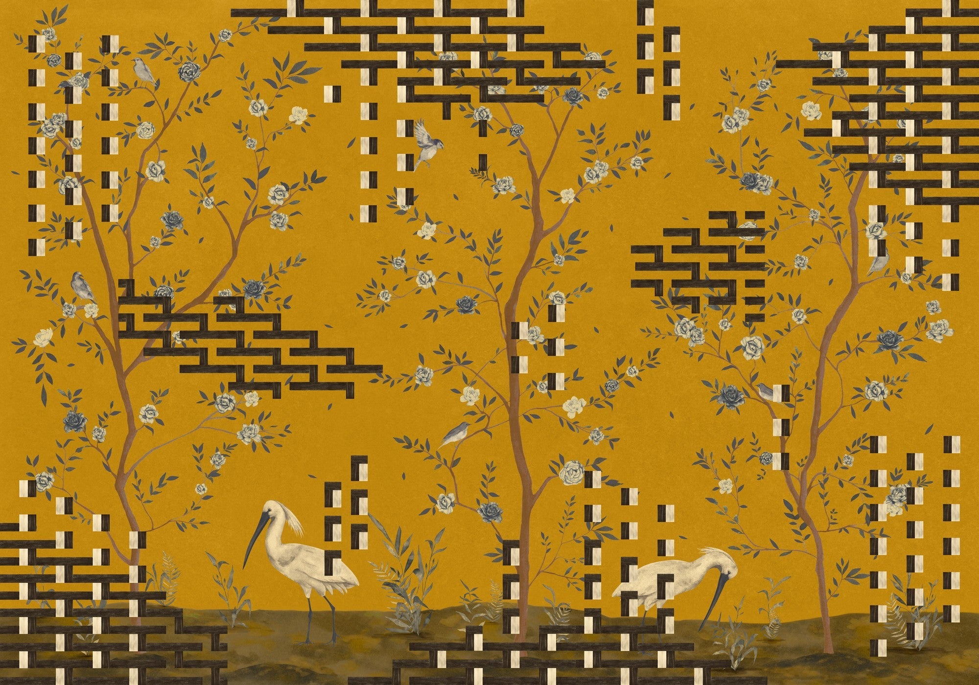 M5004-3 Tetris Chinoiseries Ocher Playful Layers Mural by Tres Tintas