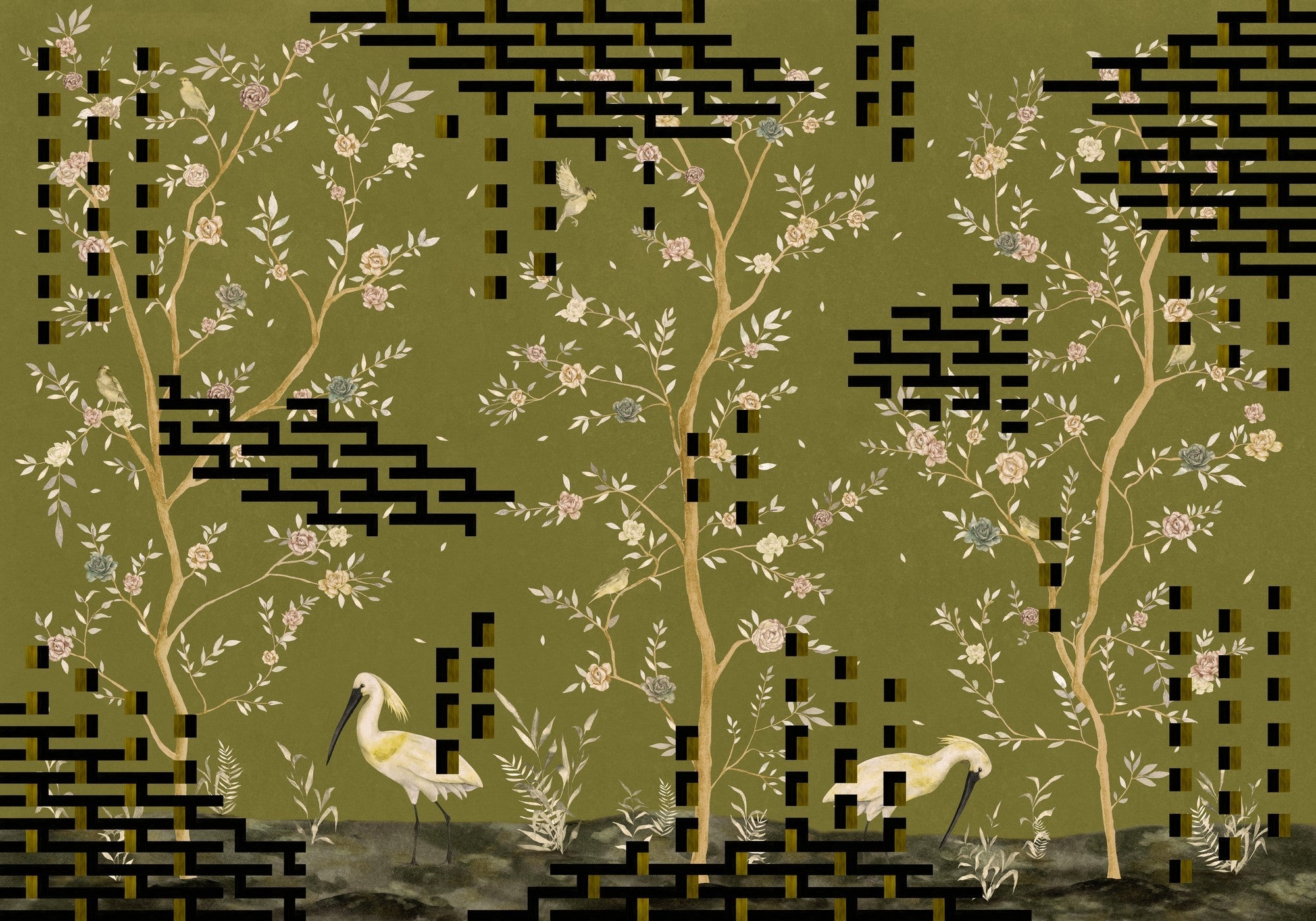 M5004-4 Tetris Chinoiseries Green Playful Layers Mural by Tres Tintas