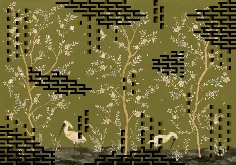M5004-4 Tetris Chinoiseries Green Playful Layers Mural by Tres Tintas