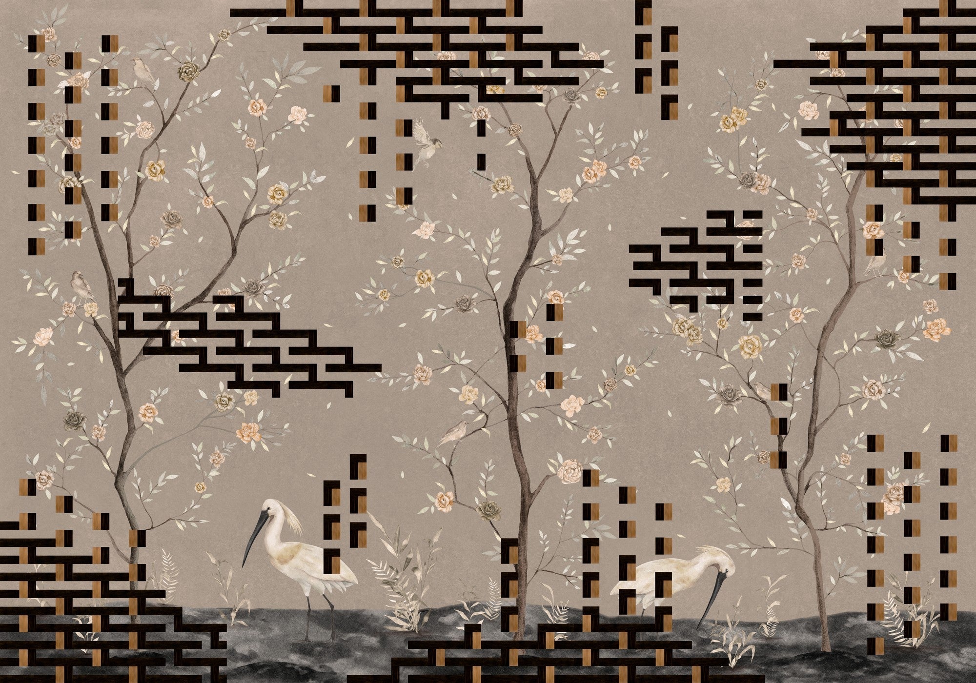 M5004-5 Tetris Chinoiseries Grey Playful Layers Mural by Tres Tintas