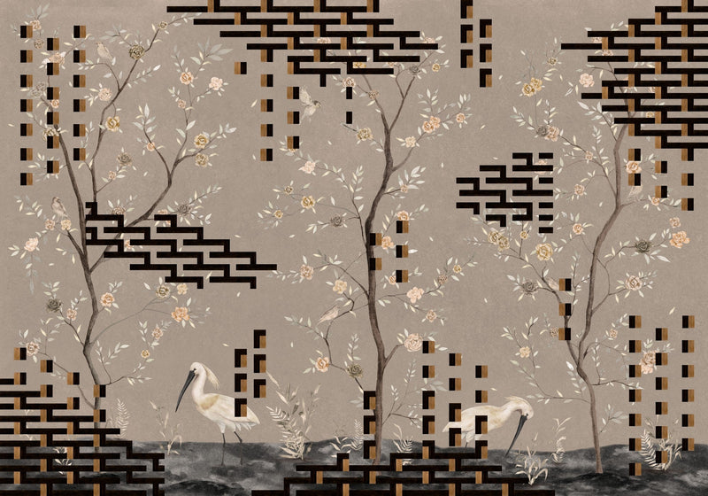 M5004-5 Tetris Chinoiseries Grey Playful Layers Mural by Tres Tintas