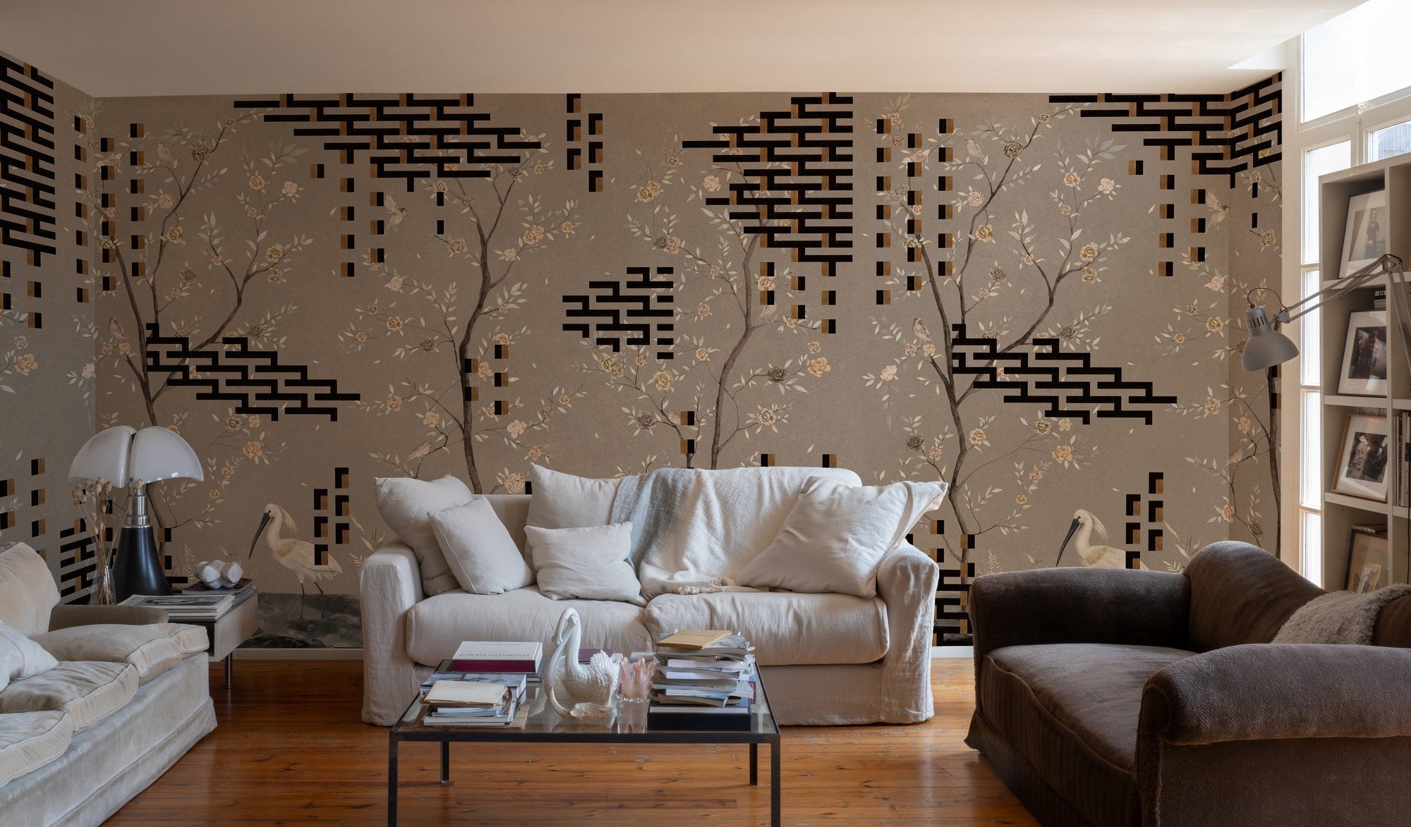 M5004-5 Tetris Chinoiseries Grey Playful Layers Mural by Tres Tintas