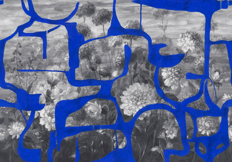 M5005-1 Prehistoric Flowers Blue Playful Layers Mural by Tres Tintas