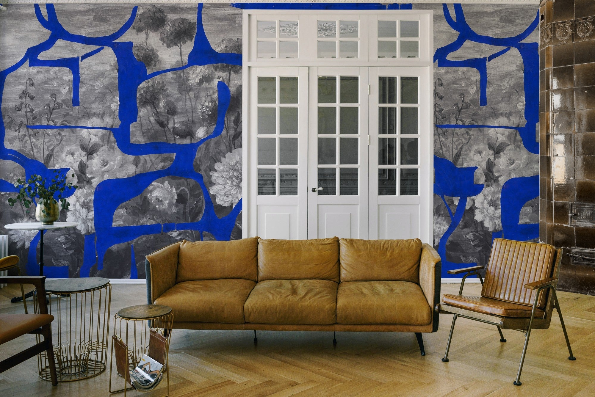 M5005-1 Prehistoric Flowers Blue Playful Layers Mural by Tres Tintas